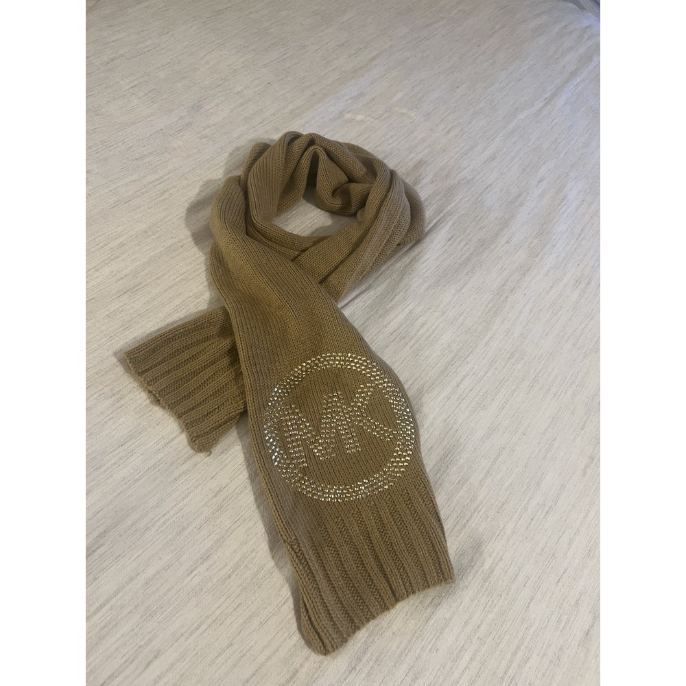 MICHAEL KORS Fisherman's rib knit women's winter scarf Camel/Tan Gold Rhinestone